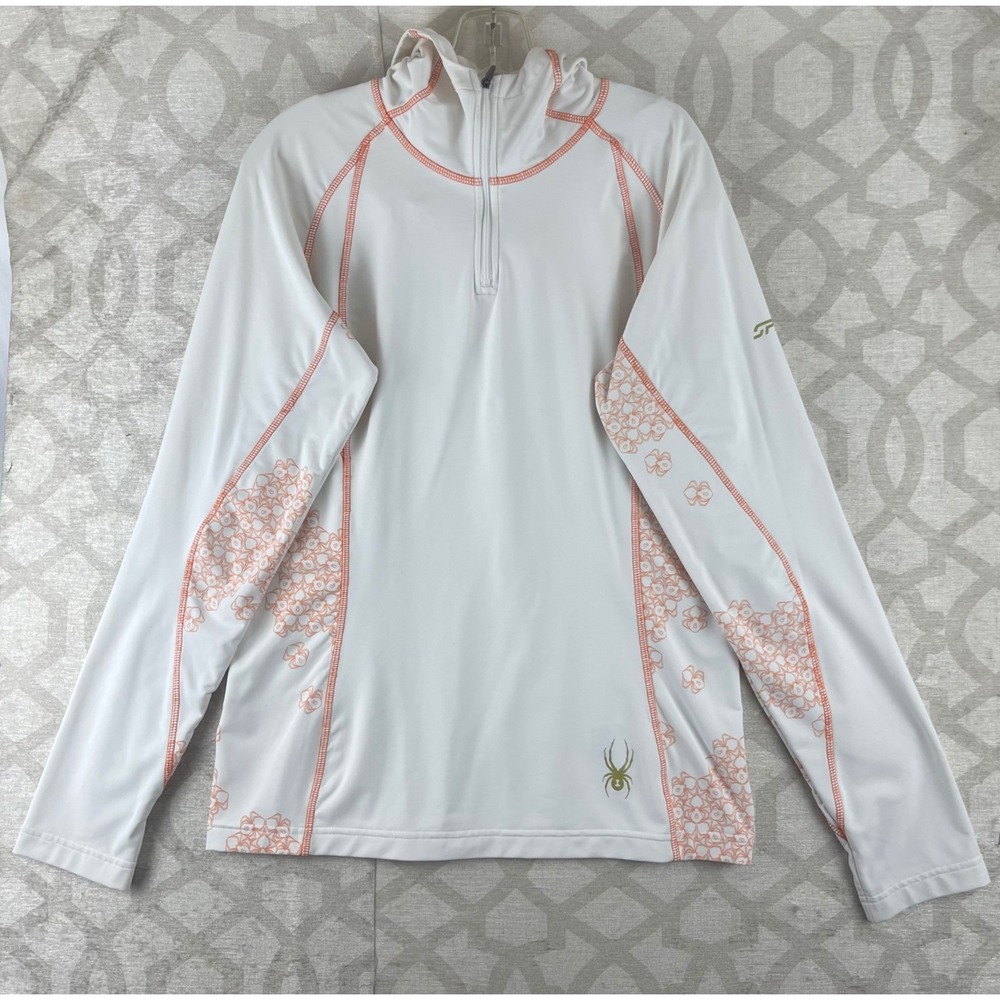 Spyder Base‎ Layer Womens 12 White Orange 1/4 Zip Hooded Ski Top Stretch Graphic